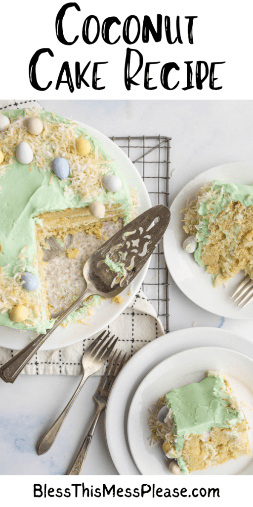 pin for coconut cake with images of a light green easter decorated cake with slices served from it