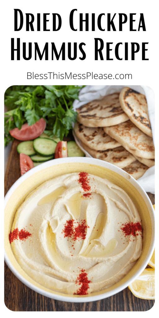 pin for hummus with dried chickpea recipe with a bowl of hummus and sprinkled red spice