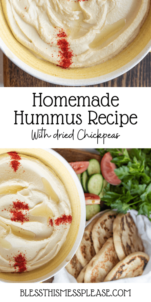 pin for hummus with dried chickpea recipe with a bowl of hummus and sprinkled red spice