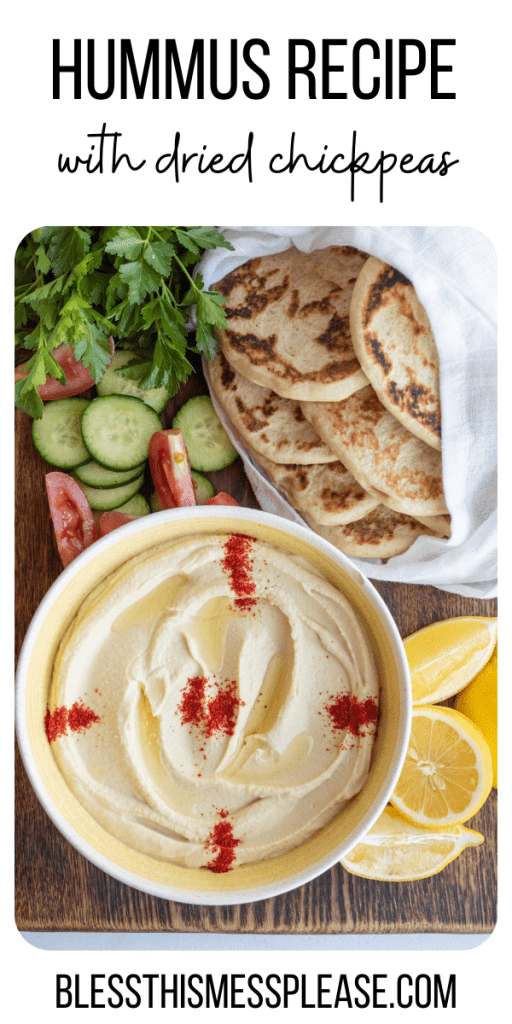 pin for hummus with dried chickpea recipe with a bowl of hummus and sprinkled red spice