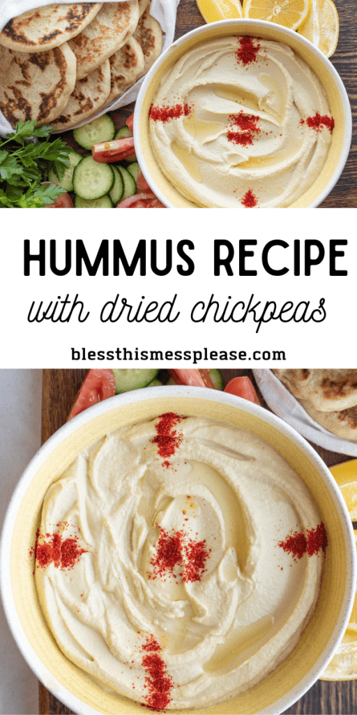 pin for hummus with dried chickpea recipe with a bowl of hummus and sprinkled red spice