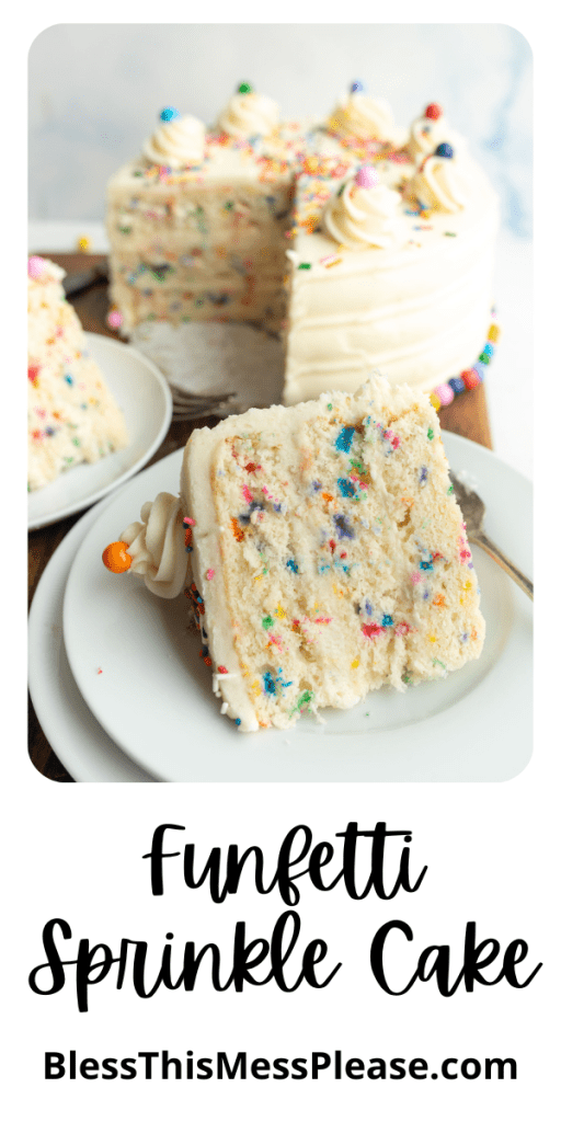 pin for funfetti sprinkle cake with images of a whole white and rainbow sprinkle colored cake with slices served from it