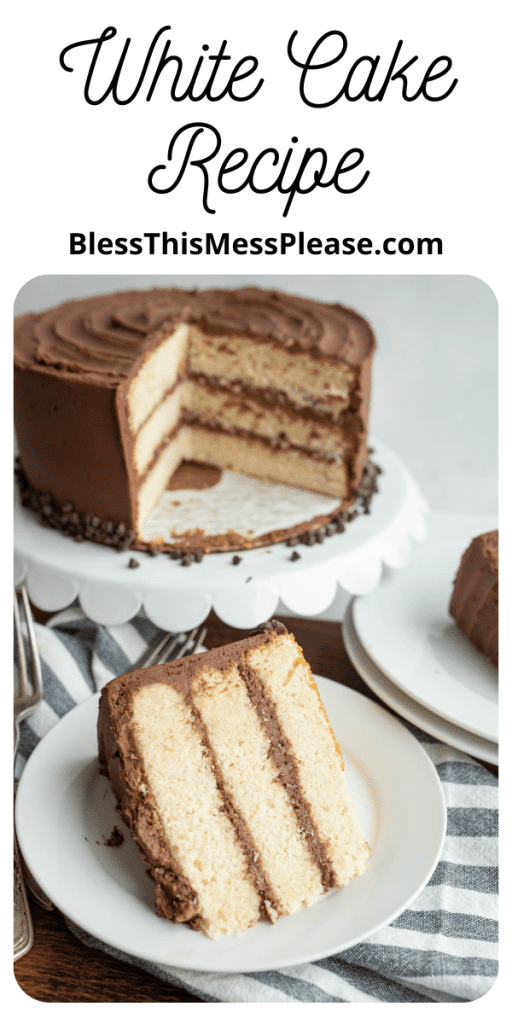 pin for white cake recipe with a view of the whole cake iced in chocolate and two wedges served