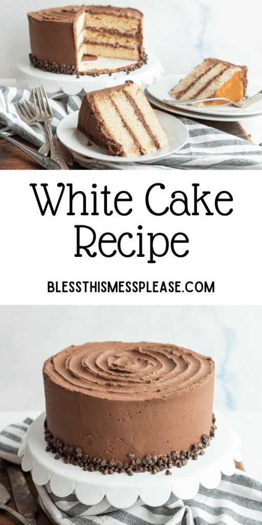 pin for white cake recipe with a view of the whole cake iced in chocolate and two wedges served