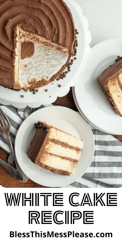 pin for white cake recipe with a view of the whole cake iced in chocolate and two wedges served