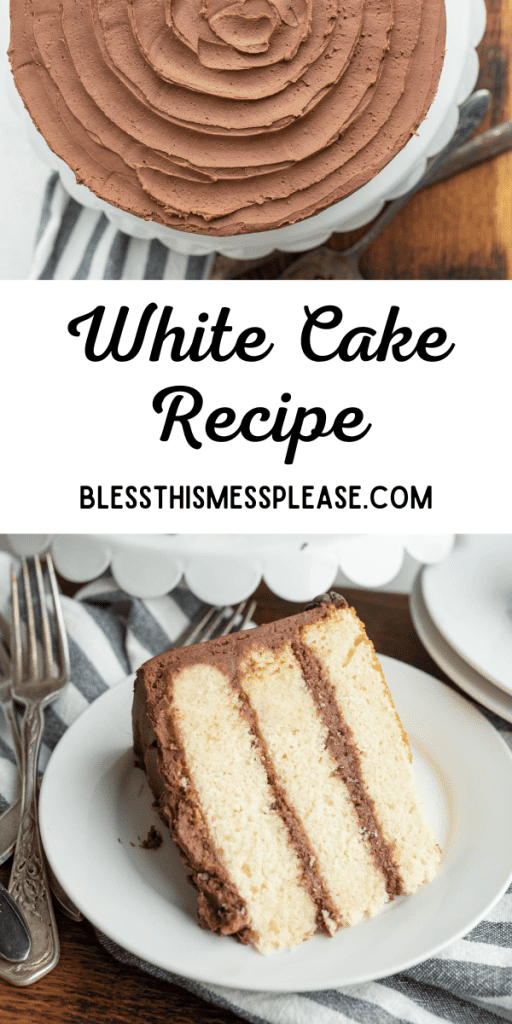 pin for white cake recipe with a view of the whole cake iced in chocolate and a serving on a white plate