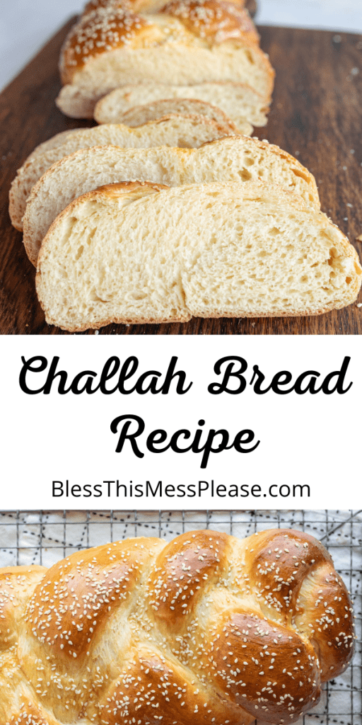 pin for challah bread recipe with images of golden baked and platted challah