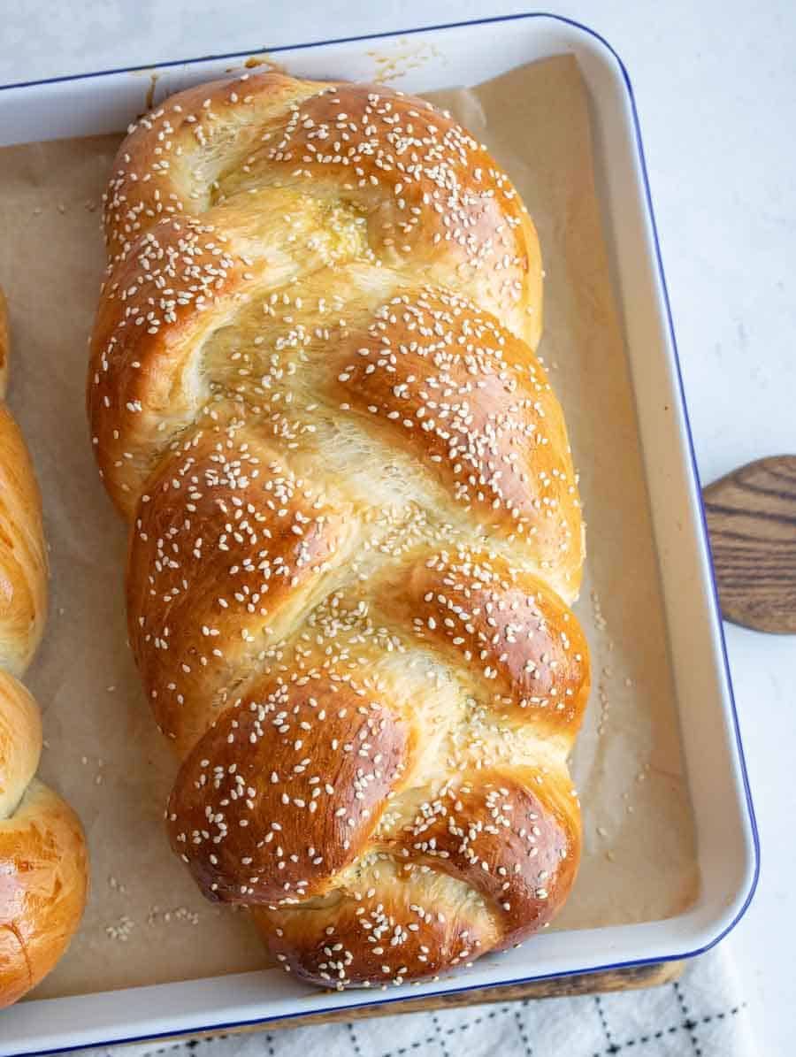 top view whole loaf sesame challah
