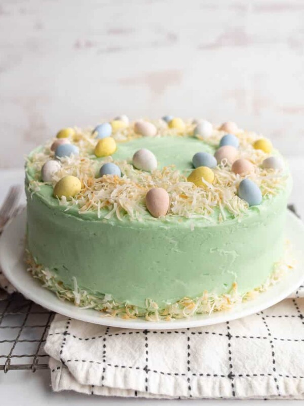 whole decorated easter coconut cake and the coconut shreds make a nest for candy eggs