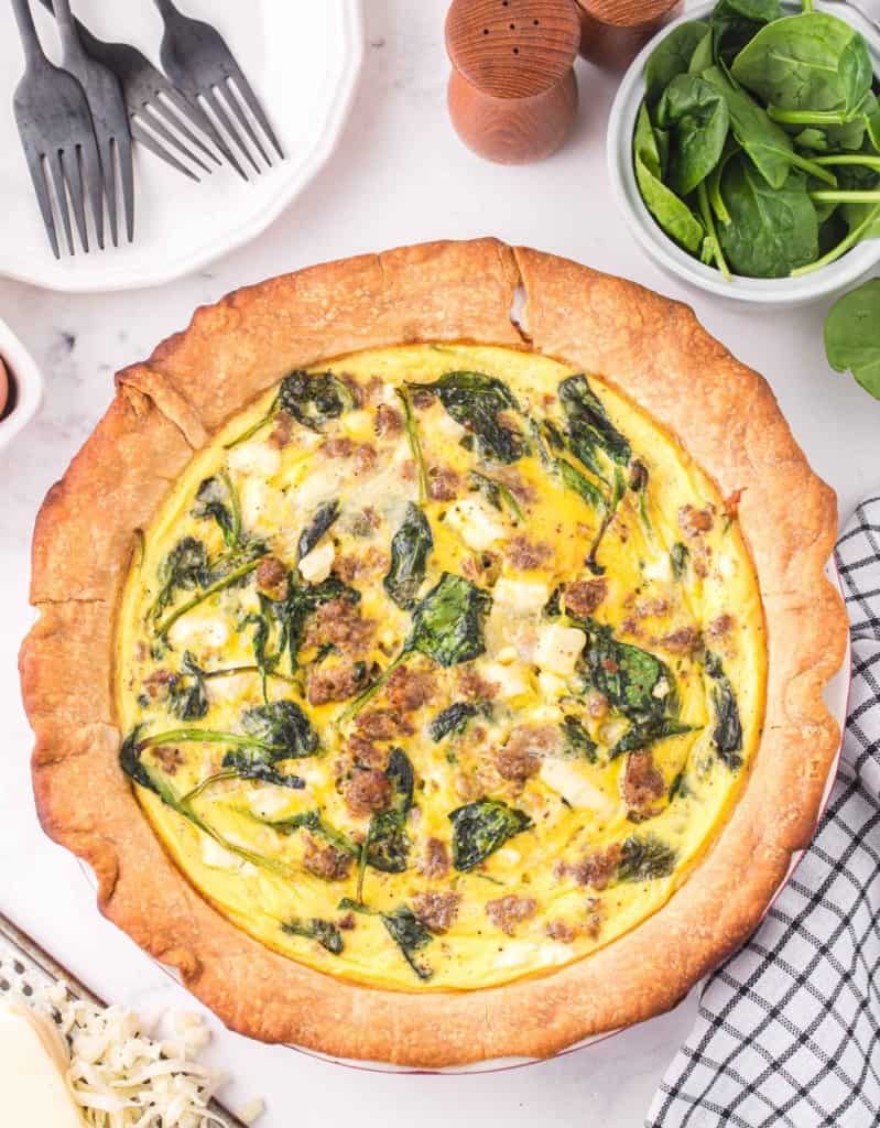 top view of whole spinach quiche