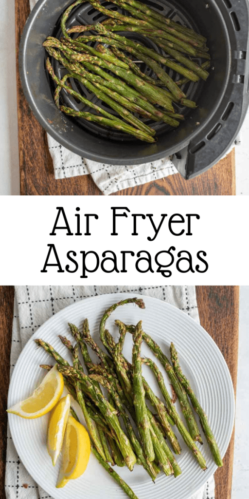 pin for air fryer asparagus with cooked asparagus on a white plate with lemon