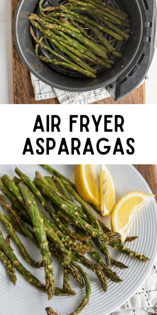 pin for air fryer asparagus with cooked asparagus on a white plate with lemon