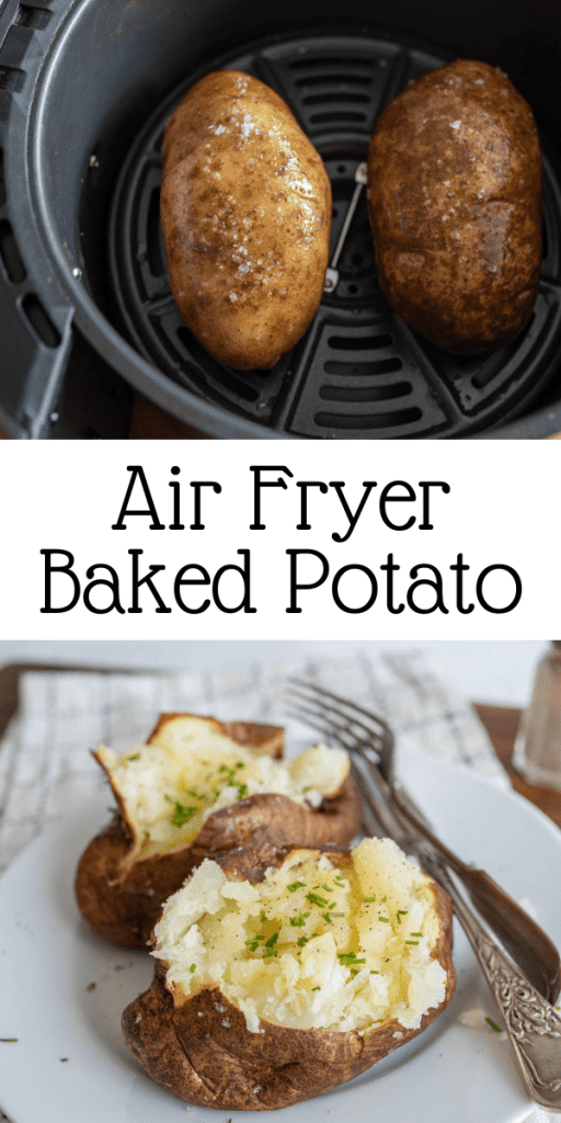 pin for air fryer baked potato with image of sliced baked potato with butter and herbs.