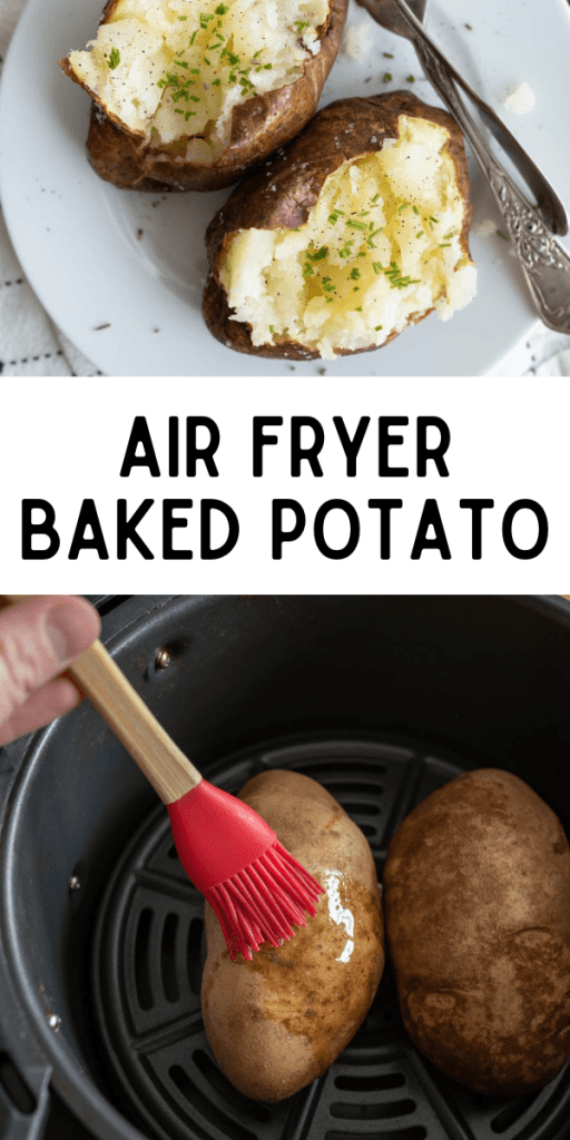 pin for air fryer baked potato with image of sliced baked potato with butter and herbs.