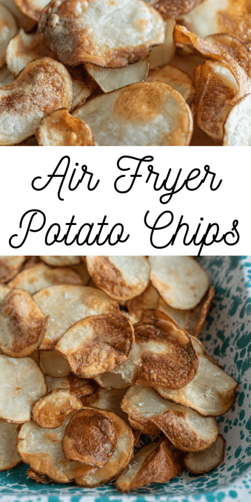 pin for ar fryer potato chips with image of crispy thinly sliced homemade chips.