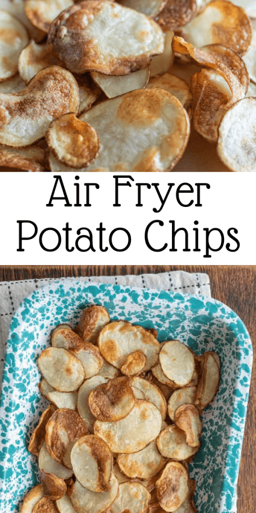 pin for ar fryer potato chips with image of crispy thinly sliced homemade chips.