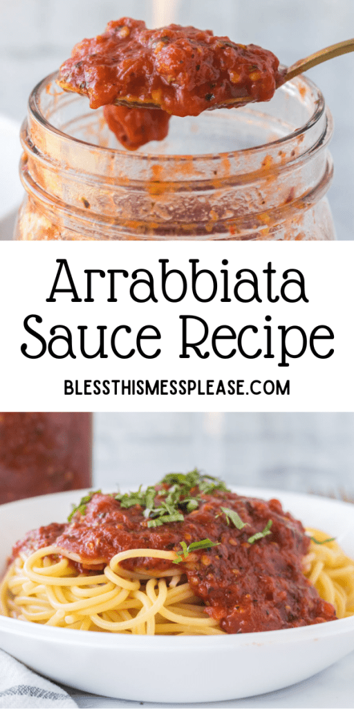 pin for Arrabbiata Sauce Recipe with the red sauce over pasta