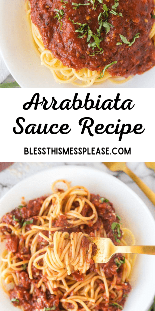 pin for Arrabbiata Sauce Recipe with red sauce over fresh pasta