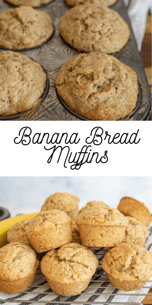 pin for banana bread muffins with images of the muffins in a stack and in the tin