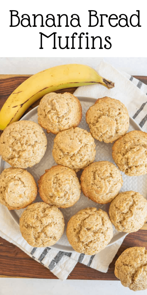 pin for banana bread muffins with images of the muffins from the top view with a banana