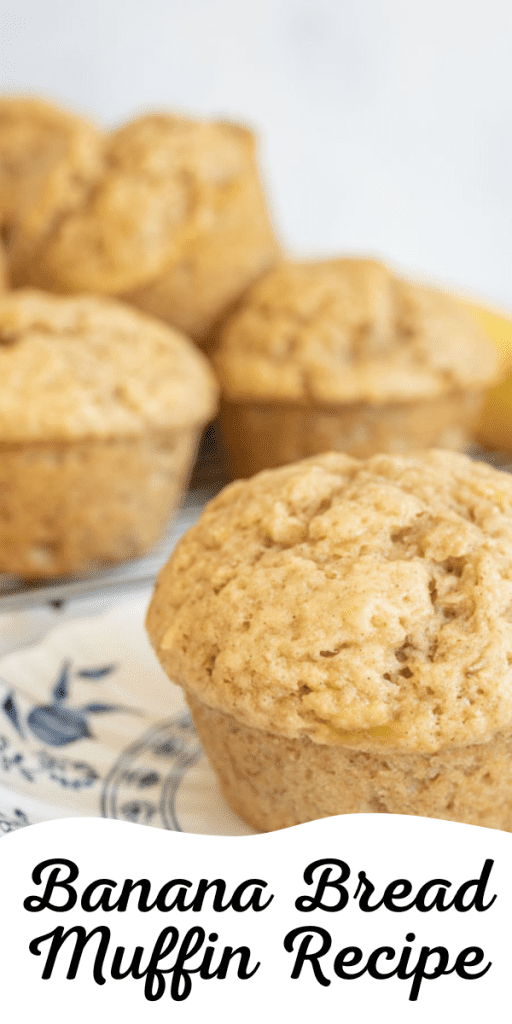pin for banana bread muffins with a close up of the muffin top