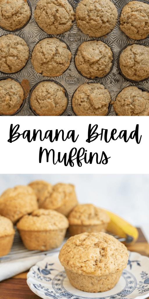 pin for banana bread muffins with images of the muffins in a stack and in the tin