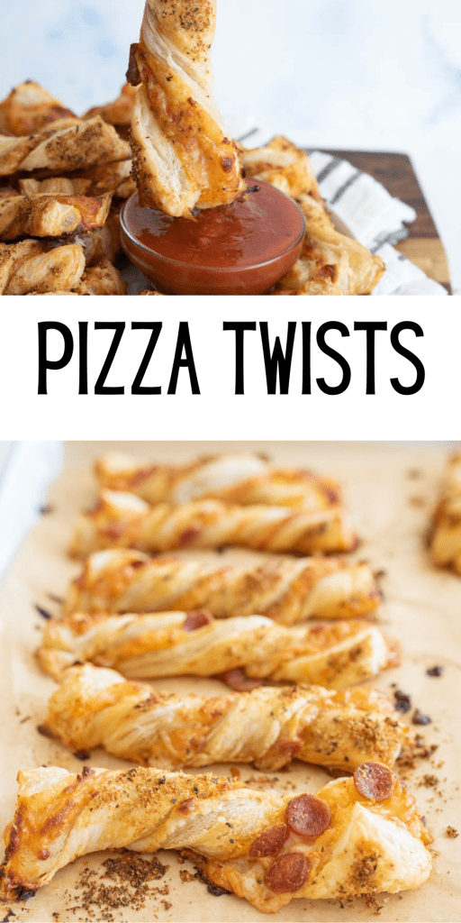 pin for pizza twists with images of pizza topping filled dough then cut into slices and twisted, dipped in marinara sauce