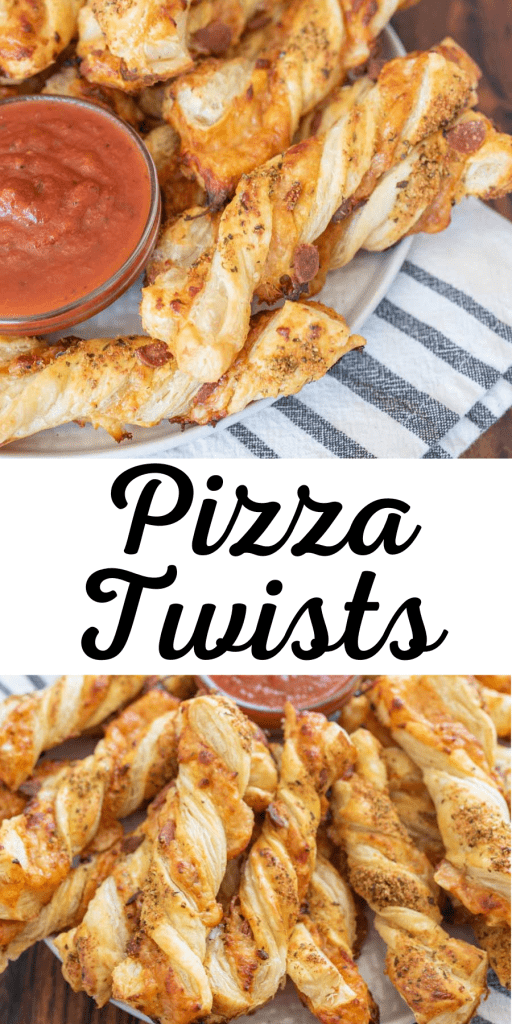 pin for pizza twists with images of pizza topping filled dough then cut into slices and twisted, dipped in marinara sauce