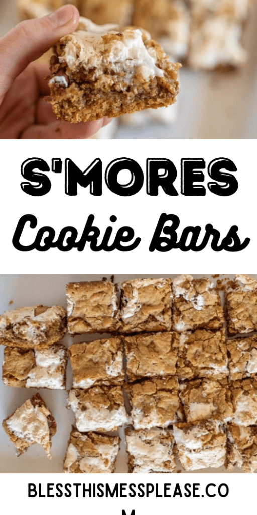 Pin image with cut up s'mores cookie bars.