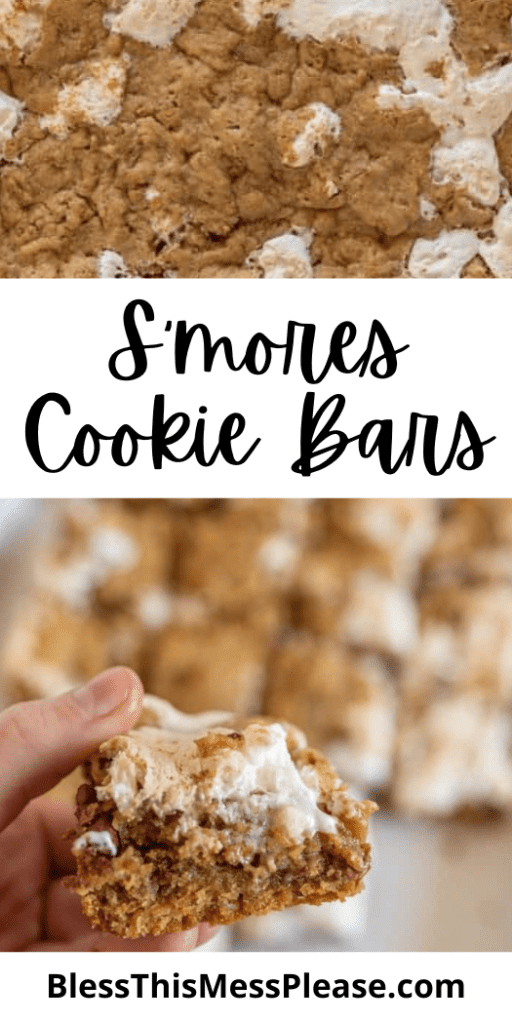 Pin image of a hand holding a s'more cookie bar.