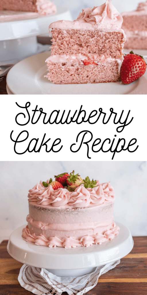 Pin for Strawberry Cake Recipe with a two layered circular pink cake with pink strawberry buttercream and fresh berries