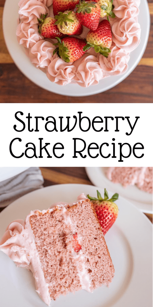Pin for Strawberry Cake Recipe with a two layered circular pink cake with pink strawberry buttercream and fresh berries