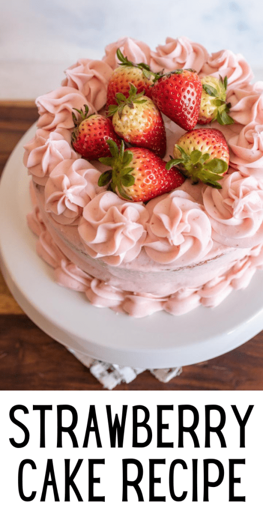 Pin for Strawberry Cake Recipe with a two layered circular pink cake with pink strawberry buttercream and fresh berries