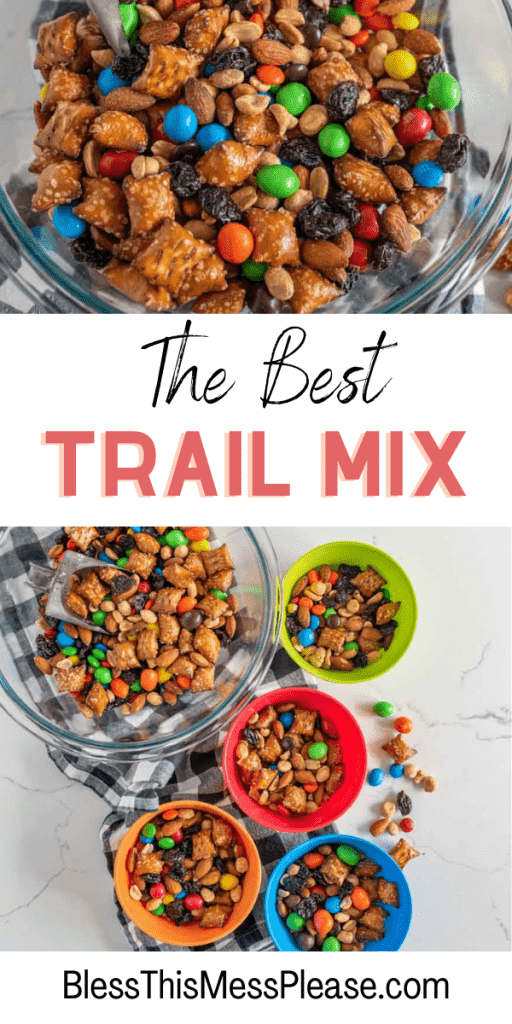 pin for the best trail mix in a variety of different colored bowls