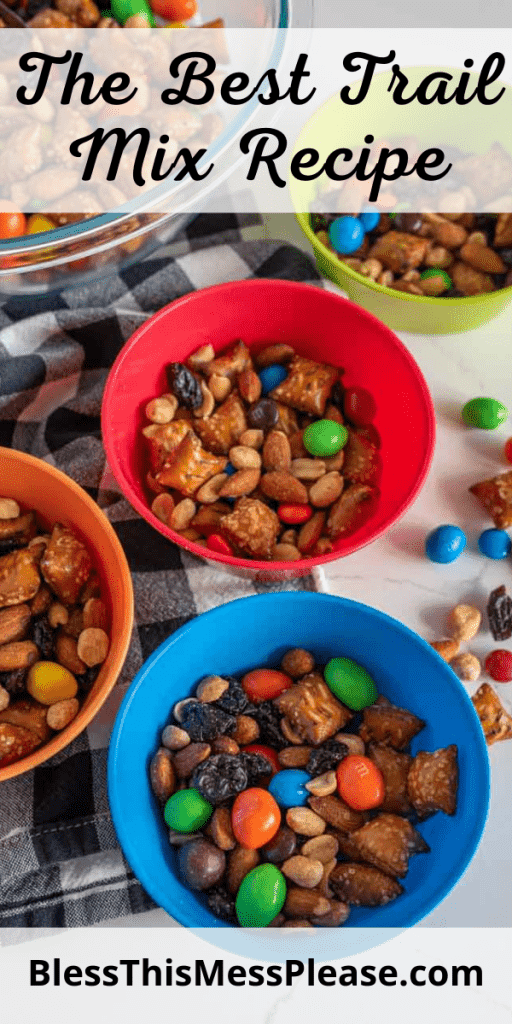 pin for the best trail mix in a variety of different colored bowls