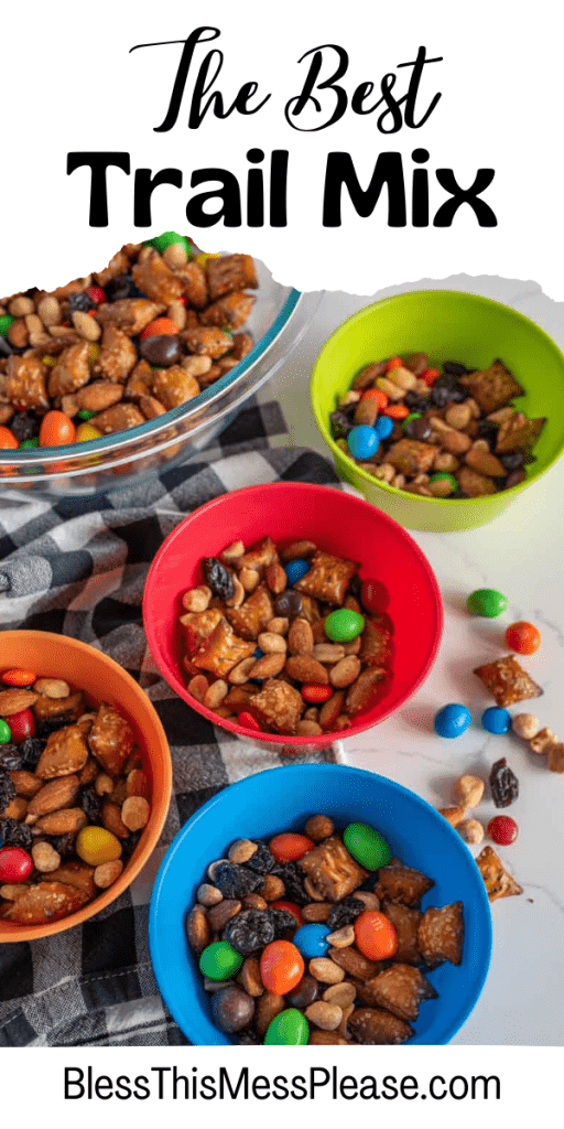 pin for the best trail mix in a variety of different colored bowls