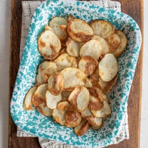 top view of air fryer potato chips in a dish.