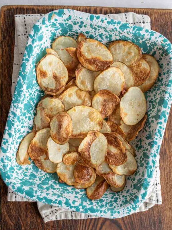 top view of air fryer potato chips in a dish.