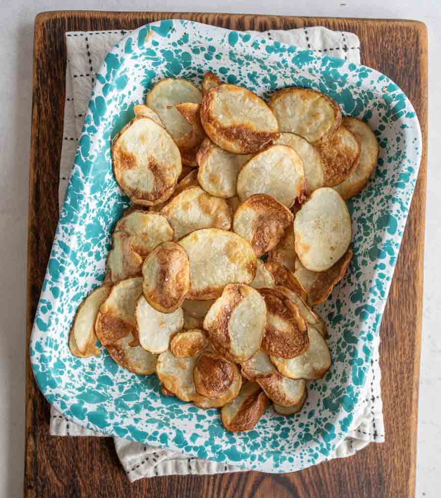 top view of air fryer potato chips in a dish