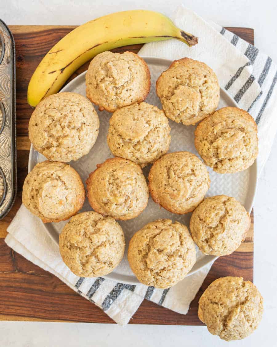 to view of a plate of banana bread muffins on a plate