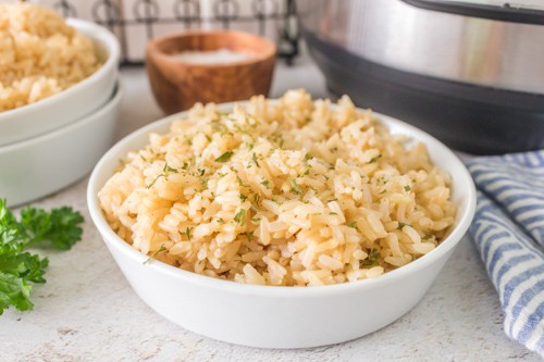 brown rice in a white dish