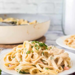 cajun chicken pasta side view on a white plate