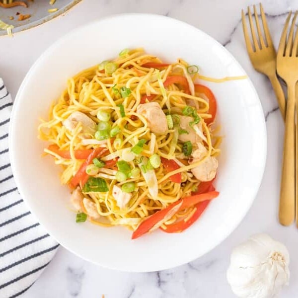 top view of a plate of chicken chow mien