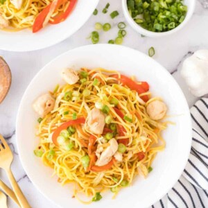 top view of a plate of chicken chow mien