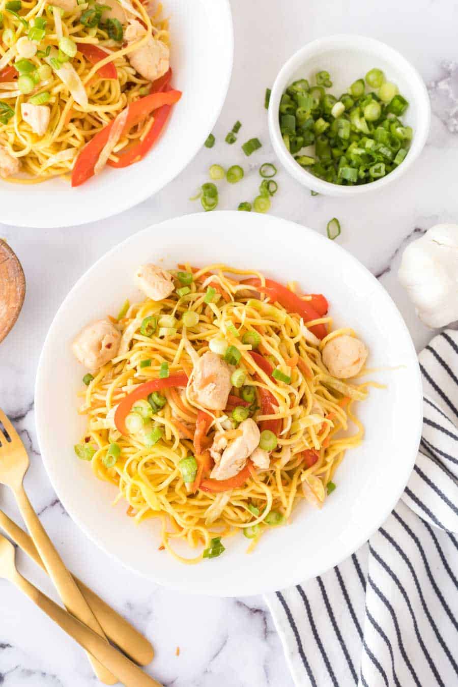 top view of a plate of chicken chow mien