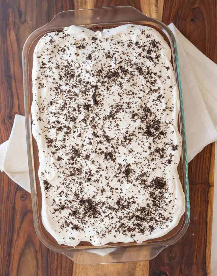 top view of the baking dish of chocolate lasagna