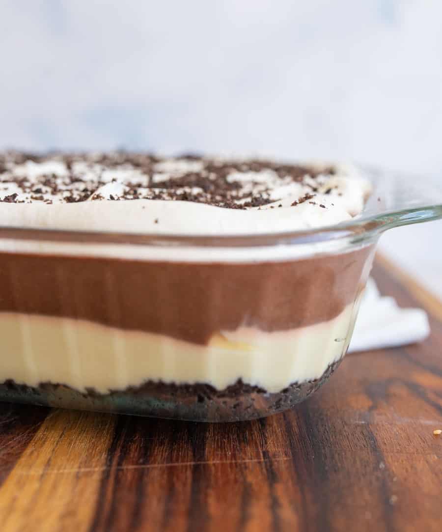 close up of chocolate lasagna in the dish