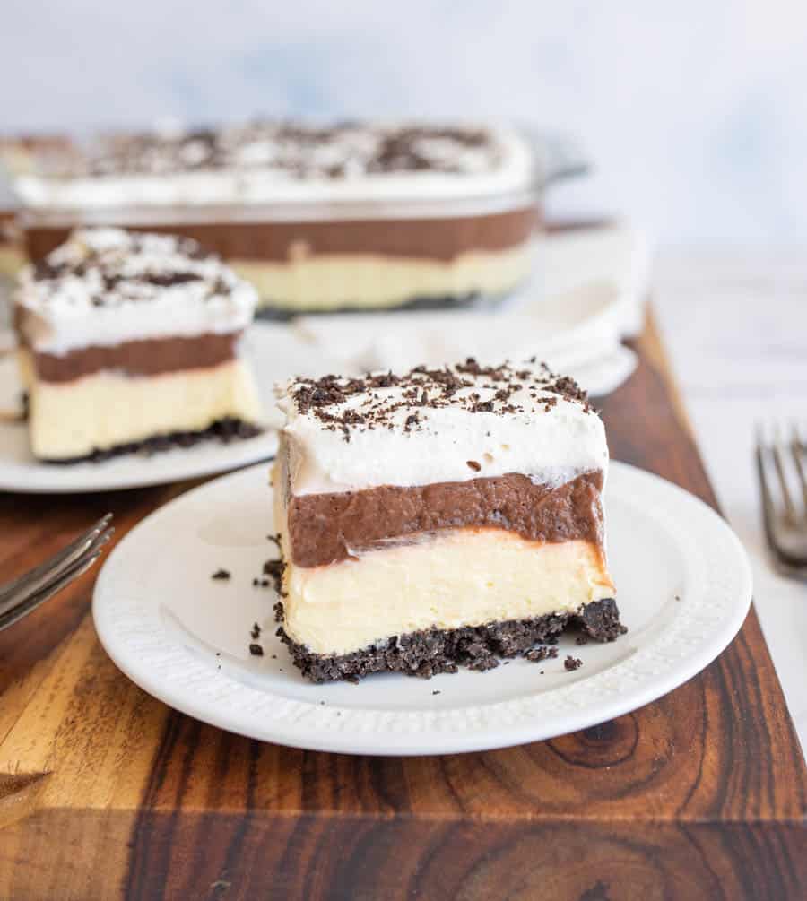close up of chocolate lasagna slice