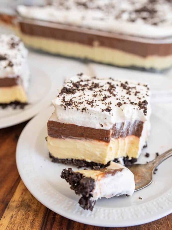 close up of chocolate lasagna slice