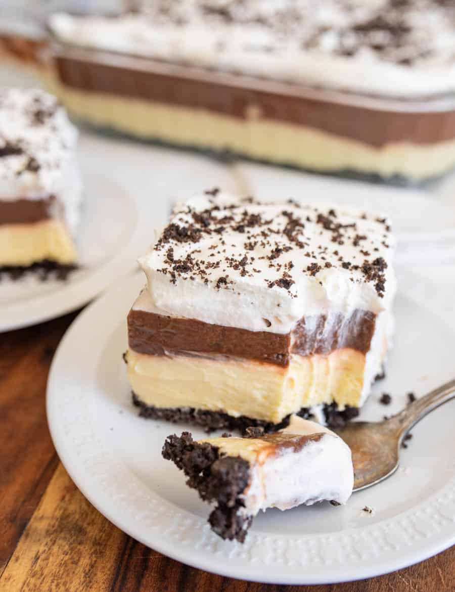 close up of chocolate lasagna slice